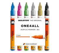 Molotow One4All 127HS - Juego de rotuladores acrílicos metálicos (grosor de trazo de 2,0 mm, muy opacos y permanentes, secado rápido, rellenables, para casi todas las superficies), 6 unidades surtidas