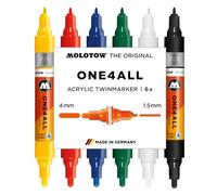 Molotow One4All - Juego de rotuladores acrílicos Twin Marker Basic 1 (grosor de trazo de 1,5 y 4,0 mm, muy opacos y permanentes, secado rápido, rellenables, para casi todas las superficies), 6