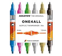 Molotow One4All - Juego de rotuladores acrílicos Twin Metálicos (grosor de trazo de 1,5 y 4,0 mm, muy opacos y permanentes, secado rápido, rellenables, para casi todas las superficies), 6 unidades