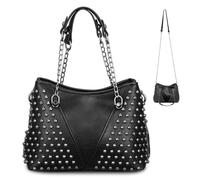 MOLUCKFU Bolso de Hombro Cadena y Remaches en Pu Negro para Uso Diario y Actividades al Aire Libre Espacio Suficiente y Tacto Cómodo