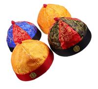 MOLUCKFU Sombreros de Disfraz Qing con Trenzas para Adulto, Talla 9, Brocado Vintage, Accesorio Tradicional Chino para Teatro y Fiesta, Pack de 4 Unidades