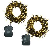 MOLVCE Guirnalda Luces Pilas Luces LED 8 Modo Impermeable Temporizador para Exterior o Interiores Cadena Decoración 10m 100LEDs, 2 Pack, Decorativas para Navidad, Halloween, Boda, Blanco Cálido