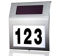 MOLVCE - Número de casa solar de acero inoxidable, 2 LED, con interruptor crepuscular IP65, impermeable, para exteriores, con números 0-9 y letras A-H