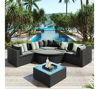 MOLVUS Juego de Muebles para Patio al Aire Libre, sofá seccional de Mimbre de 7 Piezas, Juego de conversación para Patio de Mimbre PE marrón