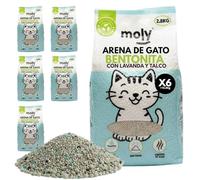 MOLY x6 Arena para Gatos Bentonita Lavanda y Talco Biodegradable 16,8 KG 22,2 L | Arena Ecologica Vegetal de Bambu y Maiz Aglomerante | Alta Absorción Sin Polvo | Natural Compostable | Control Olor