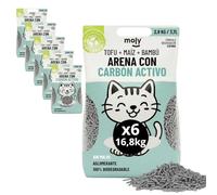 MOLY x6 Arena para Gatos Carbón Activo Biodegradable 16,8 KG 22,2 L | Arena Ecológica Vegetal de Bambú y Maíz Aglomerante | Alta Absorción y Bajo Polvo | Lecho Natural Compostable | Control de Olores