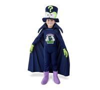 My Other Me - Disfraz Enigma SuperThings Infantil, talla 4-5 años. Incluye mono y capa azul oscuro, sombrero con ojos, guantes verdes y cubrebotas lila, con detalles de puntos de interrogación