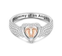 Mom Of An Angel Ring - Elegant Wing Heart Footprint Design, Meaningful Memorial Keepsake Jewelry, Stylish Angel Memorial Ring, Sympathy Remembrance Band | Comfort Gift For Mothers Family