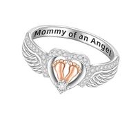 Mom Of An Angel Ring - Elegant Wing Heart Footprint Design, Meaningful Memorial Keepsake Jewelry, Stylish Angel Memorial Ring, Sympathy Remembrance Band | Comfort Gift For Mothers Family