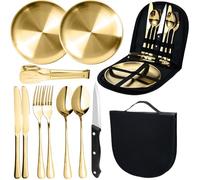MOMAHUA 10 Piezas Set de Vajilla de Camping 2 Personas Oro,Juego de Cubiertos de Acero Inoxidable con Platos,Cuchillos,Tenedores,Cucharas y Pinza,Incluye Estuche de Transporte