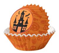 MOMAHUA 100P Moldes para Cupcakes Halloween,Cápsulas para Magdalenas con Diseños de Calabaza, Murciélago y Fantasma, Papel de Hornear Anti-grasa para Fiestas y Repostería(Naranja)