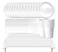 MOMAHUA Juego de vajilla de fiesta 53P, juego de vajilla blanca con platos, mantel, servilletas, tazas, decoraciones de mesa de color sólido para cumpleaños, boda, picnic, baby shower, suministros de