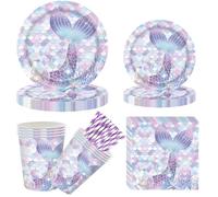 MOMAHUA Juego de vajilla de fiesta de sirena morada de 84 piezas para niñas, decoraciones de mesa de cumpleaños con temática de sirena con platos, tazas, servilletas, pajita de papel, juego de vajilla