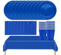 MOMAHUA Juego de vajilla para fiesta 53P, juego de vajilla azul con platos, mantel, servilletas, tazas, decoraciones de mesa de color sólido para cumpleaños, boda, picnic, baby shower, suministros de
