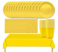 MOMAHUA Juego de vajilla para fiesta de 53 piezas, juego de vajilla amarilla con platos, mantel, servilletas, tazas, decoraciones de mesa de color sólido para cumpleaños, boda, picnic, baby shower