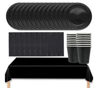 MOMAHUA Juego de vajilla para fiesta de 53 piezas, juego de vajilla negra con platos, mantel, servilletas, tazas, decoraciones de mesa de color sólido para cumpleaños, boda, picnic, baby shower