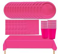 MOMAHUA Juego de vajilla para fiesta de 53 piezas, juego de vajilla rosa rojo con platos, mantel, servilletas, tazas, decoraciones de mesa de color sólido para cumpleaños, boda, picnic, baby shower