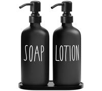 MOMEEMO Dispensador de jabón negro para baño, dispensador de jabón de vidrio con bomba de acero inoxidable, contiene dispensador de loción, dispensador de jabón de manos y bandeja adecuado para