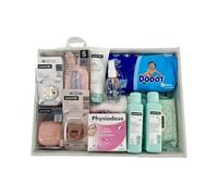 Momentosgourmet -Canastilla recién nacido baby Pink | Incluye Gel, Champú, Colonia,Suero Fisiológico | Chupete Suavinex,Termómetro, Portachupetes, Broche | 5 Pañales Talla 2