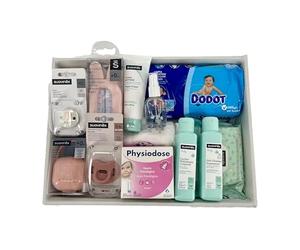 Momentosgourmet -Canastilla recién nacido baby Pink | Incluye Gel, Champú, Colonia,Suero Fisiológico | Chupete Suavinex,Termómetro, Portachupetes, Broche | 5 Pañales Talla 2