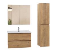 Moments of Glass Atena - Mueble de Baño Suspendido con Lavabo Blanco, Columna y Espejo Armario | Cierre Suave, Almacenamiento Extra | Roble Natural | 60 cm