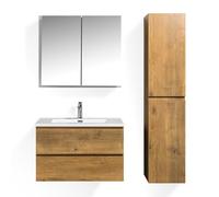 Moments of Glass Atena - Mueble de Baño Suspendido con Lavabo Negro, Columna y Espejo Armario | Cierre Suave, Almacenamiento Extra | Roble Natural | 80 cm