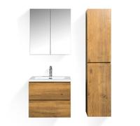 Moments of Glass Atena - Mueble de Baño Suspendido con Lavabo Negro, Columna y Espejo Armario | Cierre Suave, Almacenamiento Extra | Roble Natural | 60 cm