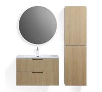 Moments of Glass Conjunto Baño Tália 80cm Roble Amarillo - Mueble Suspendido + Lavabo Resina + Espejo LED Ø800mm