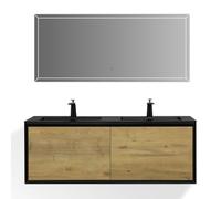Moments of Glass Fidia - Mueble de Baño Doble Seno 150 cm Negro Mate y Roble con Lavabo de Resina Mineral y Espejo LED