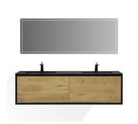 Moments of Glass Fidia - Mueble de Baño Doble Seno 190 cm Negro Mate y Roble con Lavabo de Resina Mineral y Espejo LED