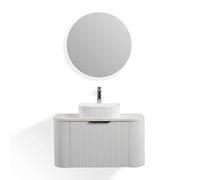 Moments of Glass Maia - Mueble de Baño Blanco con Lavabo de Resina Mineral, Encimera de Piedra, Diseño Acanalado y Espejo Redondo Espejo con Espacio de almacenaje - 90x48x45 cm