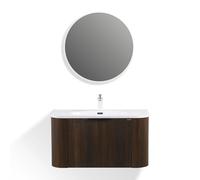 Moments of Glass Maia Plus - Mueble de Baño Suspendido Nogal Dorado con Lavabo de Resina Mineral y Espejo con Espacio de almacenaje - 90x48x45 cm