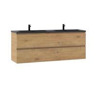 Moments of Glass - Mueble Suspendido de Baño Atena 120x75x48 cm Roble con Dos Lavabos de Resina Mineral Negra Mate