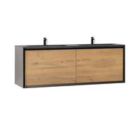 Moments of Glass Mueble Suspendido de Baño Fídia 190x55,5x52,5 cm Roble y Negro con Dos Lavabo de Resina Mineral Negra Mate