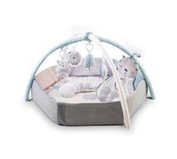 MoMi PASTEL arco de juego con colchoneta para gatear 3 en 1 para bebés desde el nacimiento, colchoneta de actividades sensoriales con 2 arcos, baño de bolas, 5 juguetes