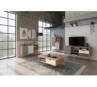 MOMMA HOME Conjunto Completo de Salon y Comedor, Modelo Estocolmo, Acabado Roble, Blanco y Gris, Aparador + Mueble TV + Mesa de Centro + Aparador Alto Botellero