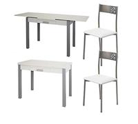 MOMMA HOME Conjunto de Mesa y 2 Sillas Color Blanco - Ideal para Cocina - Mesa Extensible Modelo Silanta, Silla Modelo Tabarca - con Encimera de Madera - Sillas en Polipiel - Diseño Moderno
