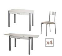 MOMMA HOME Conjunto de Mesa y 4 Sillas Color Beige - Ideal para Cocina - Mesa Extensible Modelo Silanta, Silla Modelo Tabarca - con Encimera de Madera - Sillas en Polipiel - Diseño Moderno