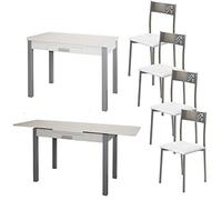 MOMMA HOME Conjunto de Mesa y 4 Sillas Color Blanco - Ideal para Cocina - Mesa Extensible Modelo Silanta, Silla Modelo Tabarca - con Encimera de Madera - Sillas en Polipiel - Diseño Moderno