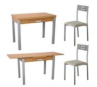 MOMMA HOME Conjunto Mesa de Comedor y 2 Sillas Color Beige - Mesa Extensible Modelo Silanta, Silla Modelo Xara - Encimera de Madera - Tono Roble - Sillas en Polipiel - Efecto Suave - Diseño Bonito