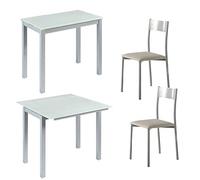 MOMMA HOME Conjunto Mesa de Comedor y 2 Sillas Color Beige - Mesa Modelo Londres, Silla Modelo Tabarca - Mesa Extensible - con Dos Alas de Cristal - Muy Versátil - Diseño Moderno