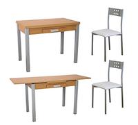 MOMMA HOME Conjunto Mesa de Comedor y 2 Sillas Color Blanco - Mesa Extensible Modelo Silanta, Silla Modelo Xara - Encimera de Madera - Tono Roble - Sillas en Polipiel - Efecto Suave - Diseño Bonito