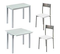 MOMMA HOME Conjunto Mesa de Comedor y 2 Sillas Color Blanco - Mesa Modelo Londres, Silla Modelo Tabarca - Mesa Extensible - con Dos Alas de Cristal - Muy Versátil - Diseño Moderno