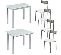 MOMMA HOME Conjunto Mesa de Comedor y 4 Sillas Color Blanco - Mesa Modelo Londres, Silla Modelo Tabarca - Mesa Extensible - con Dos Alas de Cristal - Muy Versátil - Diseño Moderno