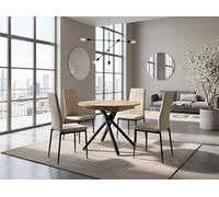 MOMMA HOME Mesa de Comedor Redonda Extensible + 4 sillas en Cuero Sintético Estilo Industrial Comedor, Mesa Roble con Patas metálicas combinación, Madera y Metal, marrón