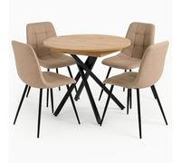 MOMMA HOME Mesa de Comedor Redonda Extensible + 4 sillas en Tela Estilo Industrial Comedor, Mesa Roble con Patas metálicas combinación, Madera y Metal, marrón