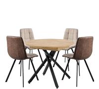 MOMMA HOME Mesa de Comedor Redonda Extensible + 4 sillas Estilo Industrial Comedor, Mesa Roble con Patas metálicas combinación, Madera y Metal (Tela/Polipiel Marrón)