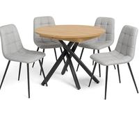 MOMMA HOME Mesa de Comedor Redonda Extensible + 4 sillas Estilo Industrial Comedor, Mesa Roble con Patas metálicas combinación, Madera y Metal (Tela Gris)