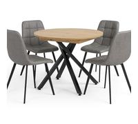 MOMMA HOME Mesa de Comedor Redonda Extensible + 4 sillas Estilo Industrial Comedor, Mesa Roble con Patas metálicas combinación, Madera y Metal (Polipiel Gris)