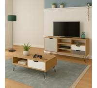 MOMMA HOME Pack 2 Muebles de Salón: Mueble de TV y Mesa de Centro - Acabado Roble, Blanco y Gris en MDF, Patas de Metal, Conjunto Comedor